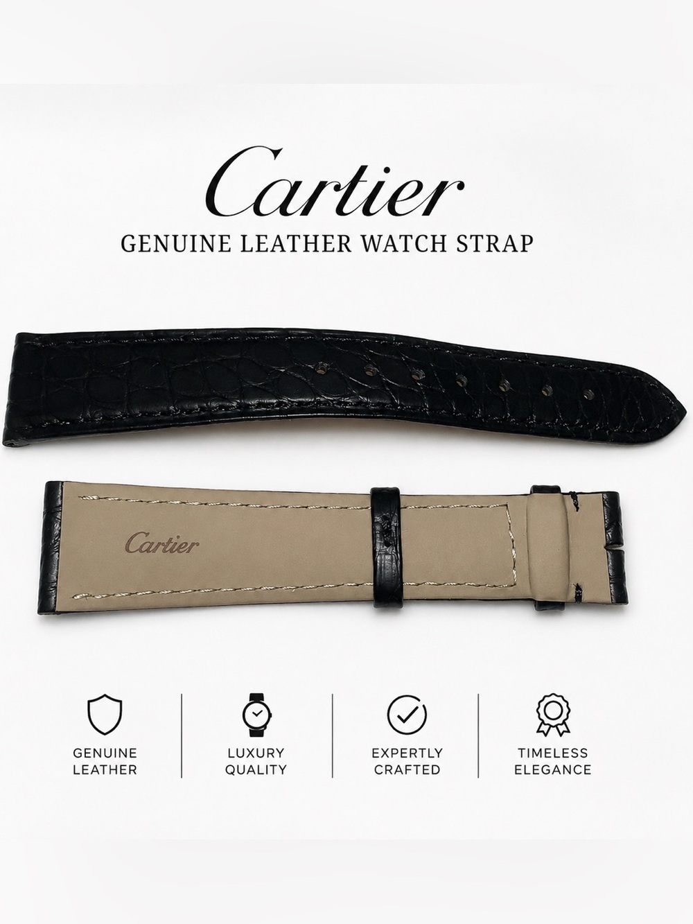 Cartier Black Croc-Embossed Leather Watch Strap